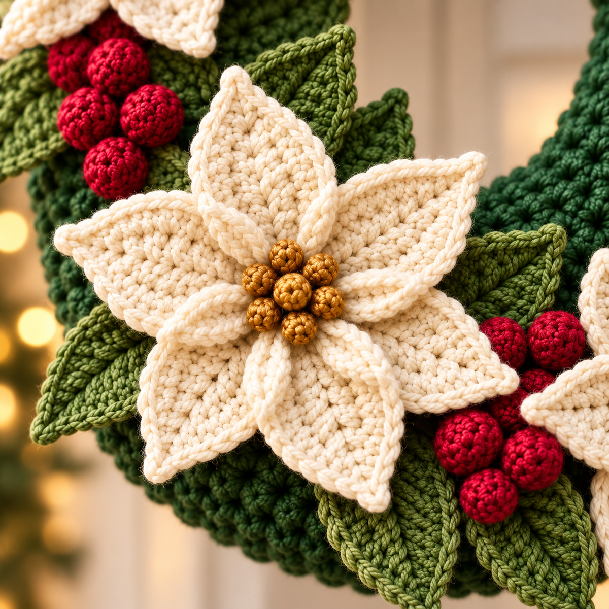 Christmas Crochet Wreath Pattern PDF – Poinsettias & Berries, 14-Inch Base
