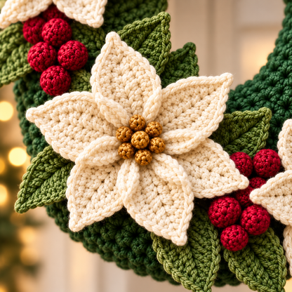 Christmas Crochet Wreath Pattern PDF – Poinsettias & Berries, 14-Inch Base