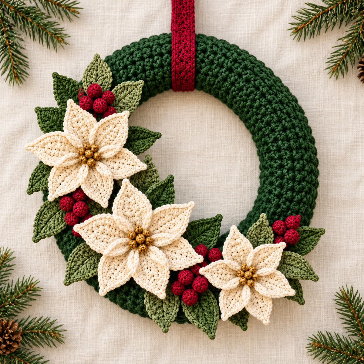 Christmas Crochet Wreath Pattern PDF – Poinsettias & Berries, 14-Inch Base