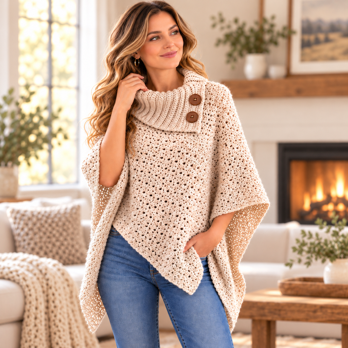 Cozy Buttoned Poncho Crochet Pattern PDF – Cowl Neck & Pointed Hem