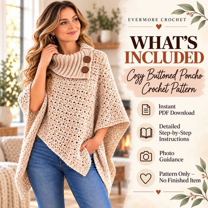 Cozy Buttoned Poncho Crochet Pattern PDF – Cowl Neck & Pointed Hem