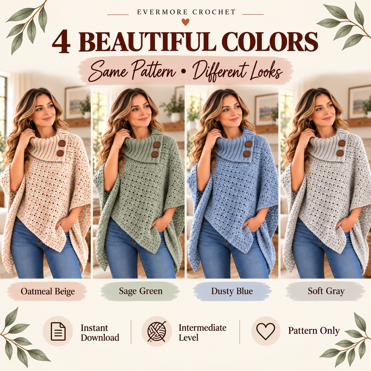 Cozy Buttoned Poncho Crochet Pattern PDF – Cowl Neck & Pointed Hem