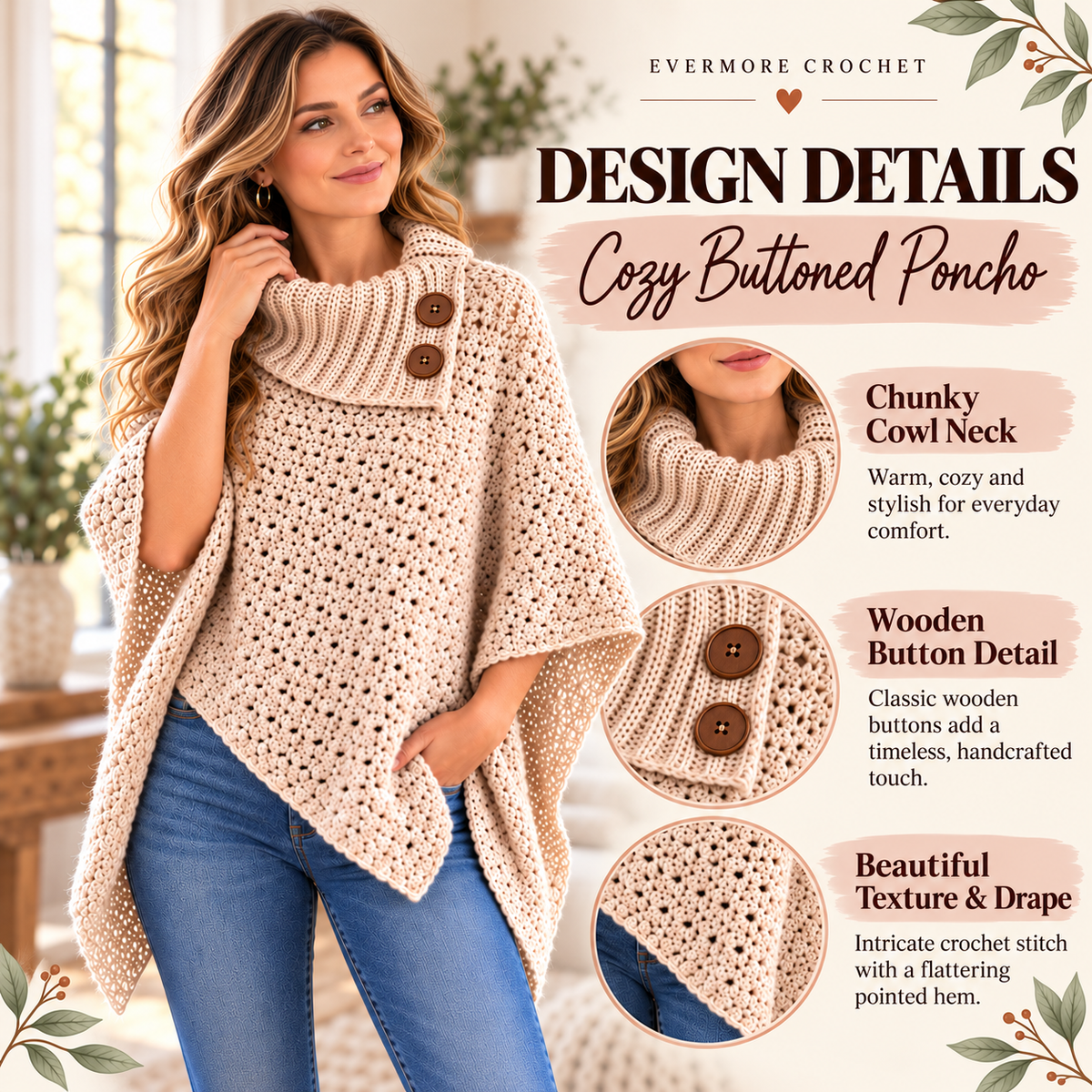 Cozy Buttoned Poncho Crochet Pattern PDF – Cowl Neck & Pointed Hem