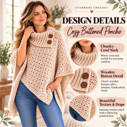 Cozy Buttoned Poncho Crochet Pattern PDF – Cowl Neck & Pointed Hem