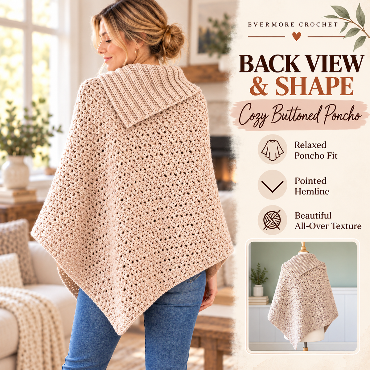 Cozy Buttoned Poncho Crochet Pattern PDF – Cowl Neck & Pointed Hem