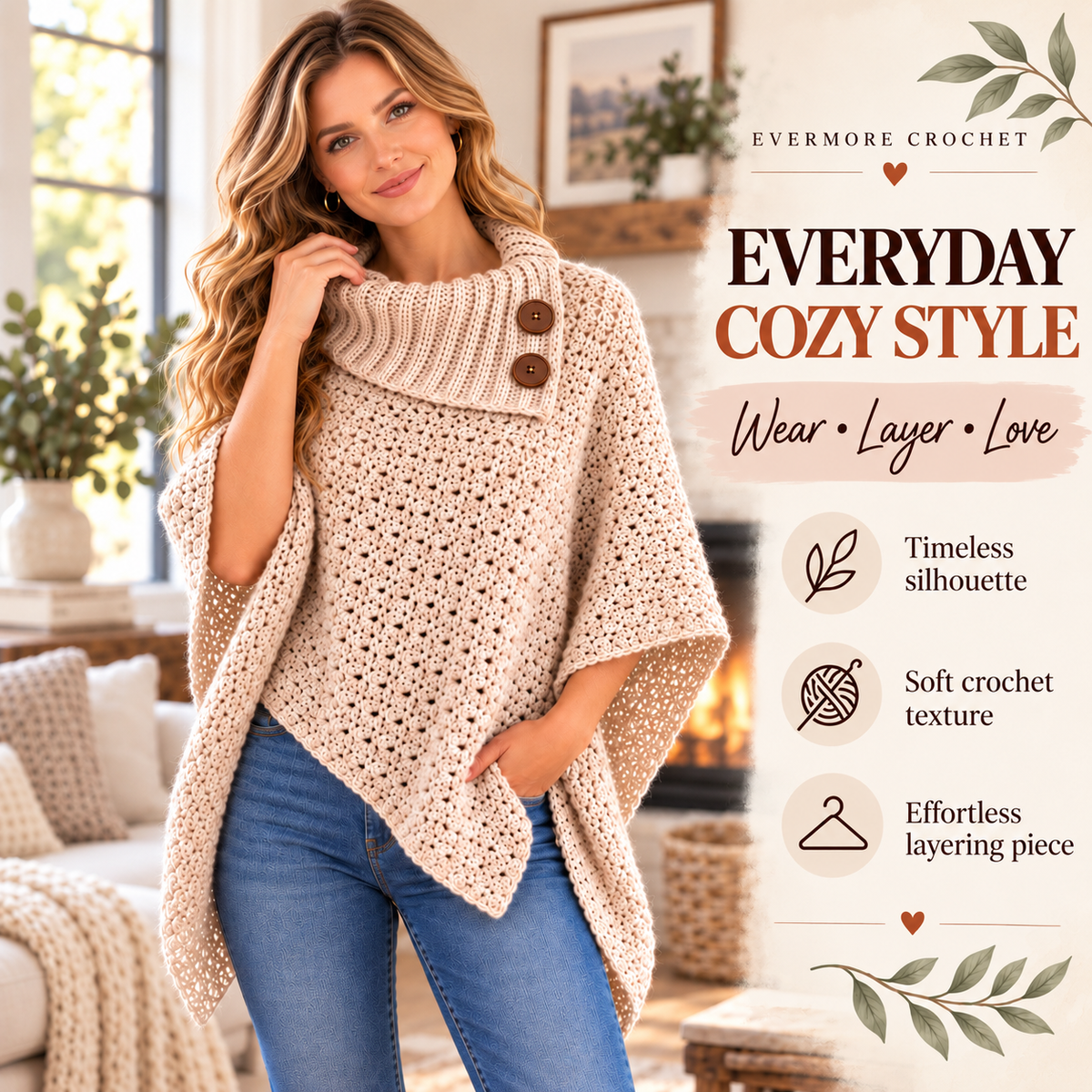 Cozy Buttoned Poncho Crochet Pattern PDF – Cowl Neck & Pointed Hem
