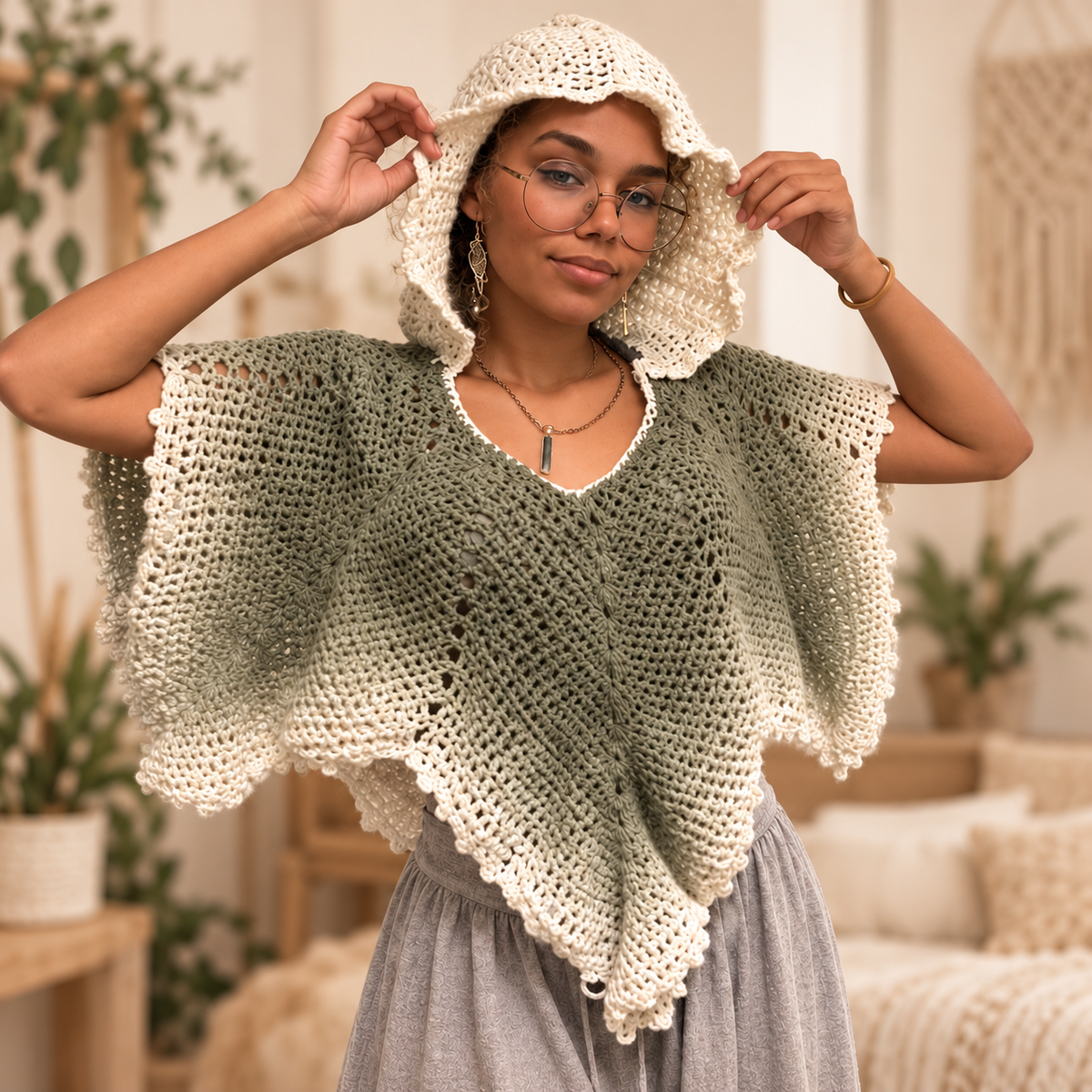 Crochet Leaf Poncho Pattern PDF – Hooded V-Neck Pointed Cape