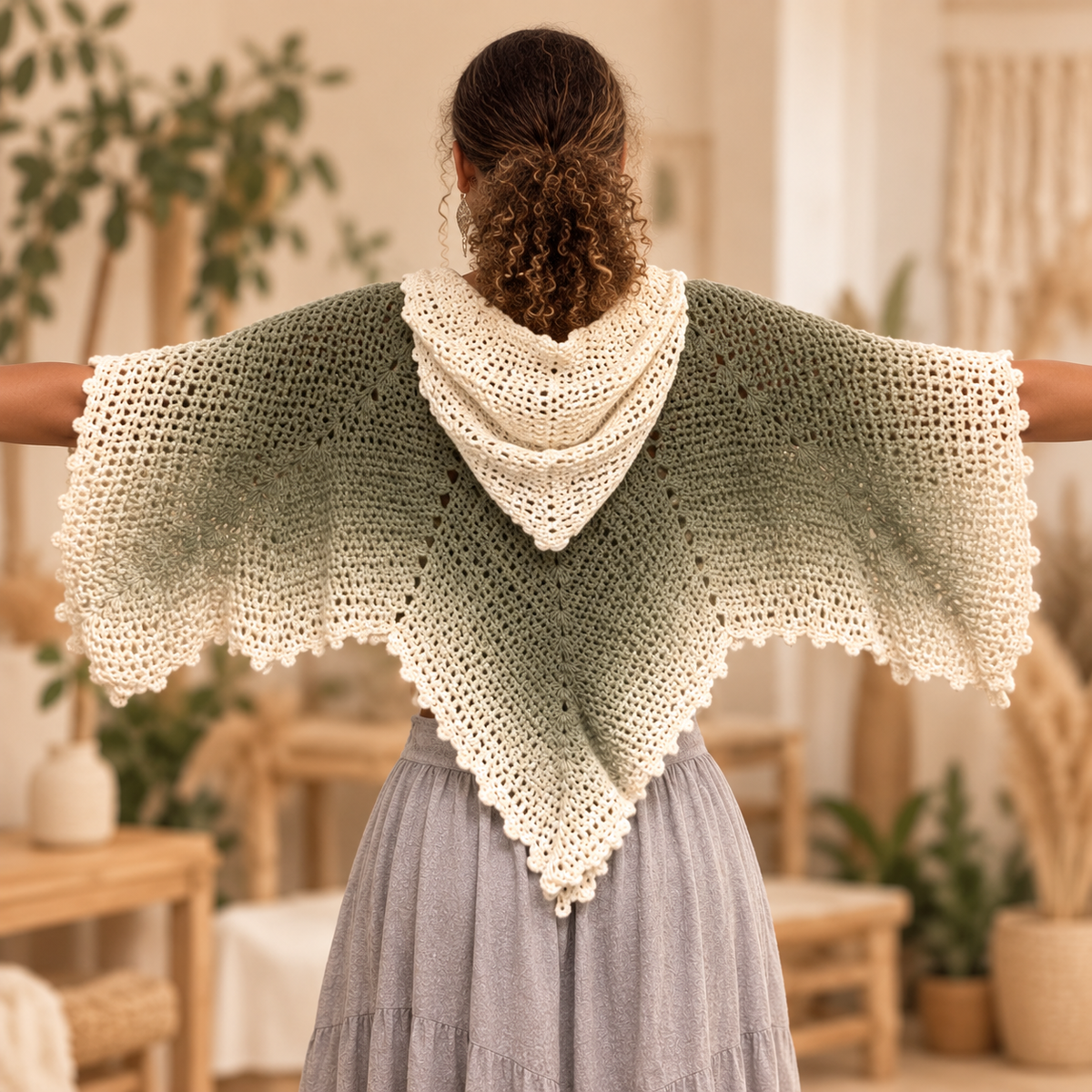 Crochet Leaf Poncho Pattern PDF – Hooded V-Neck Pointed Cape