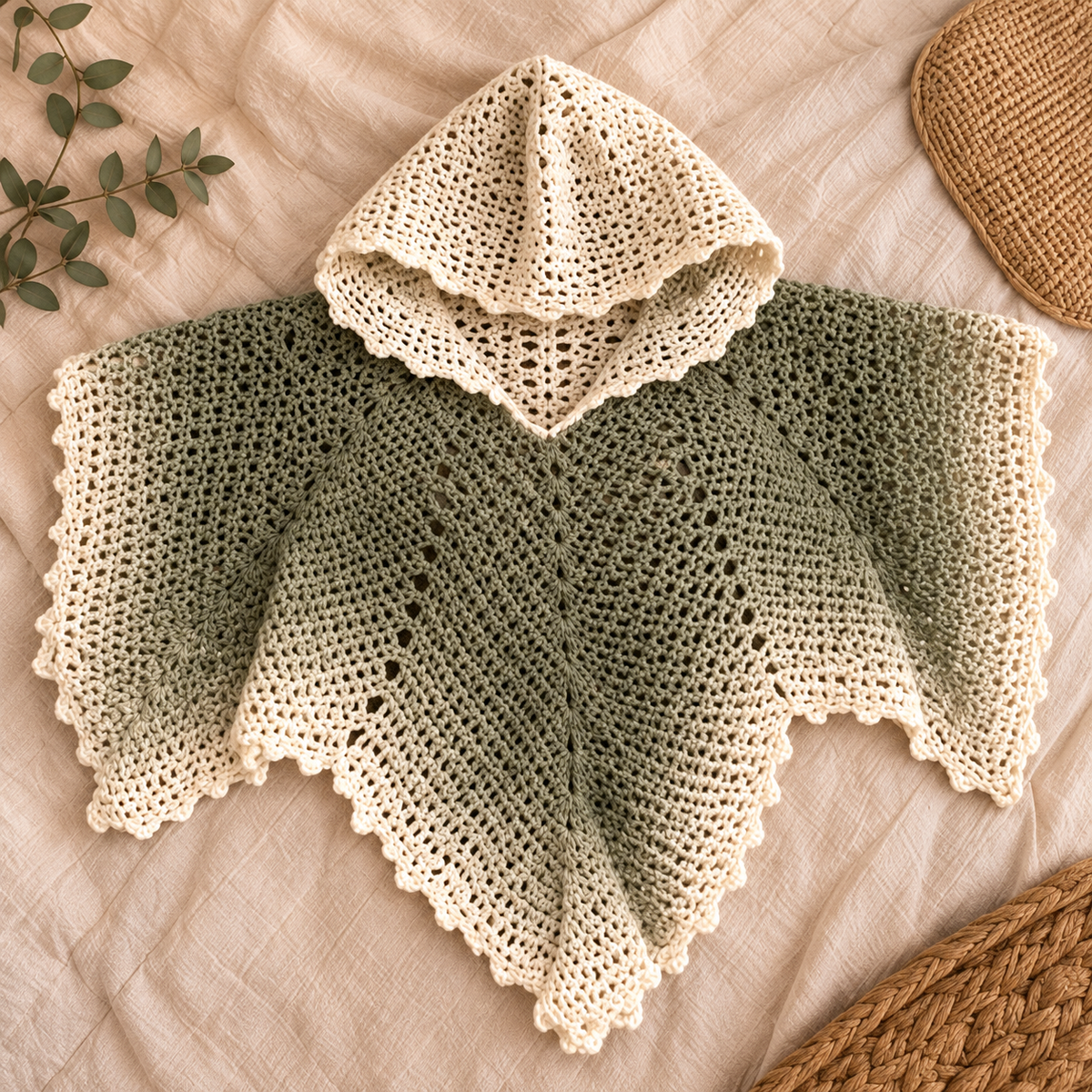 Crochet Leaf Poncho Pattern PDF – Hooded V-Neck Pointed Cape