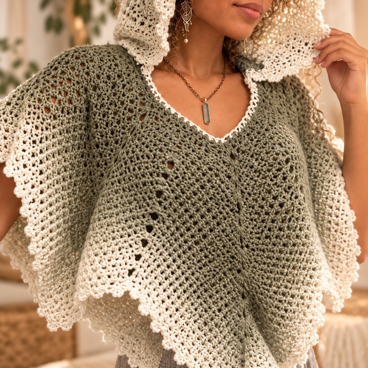 Crochet Leaf Poncho Pattern PDF – Hooded V-Neck Pointed Cape