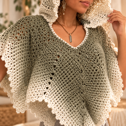 Crochet Leaf Poncho Pattern PDF – Hooded V-Neck Pointed Cape