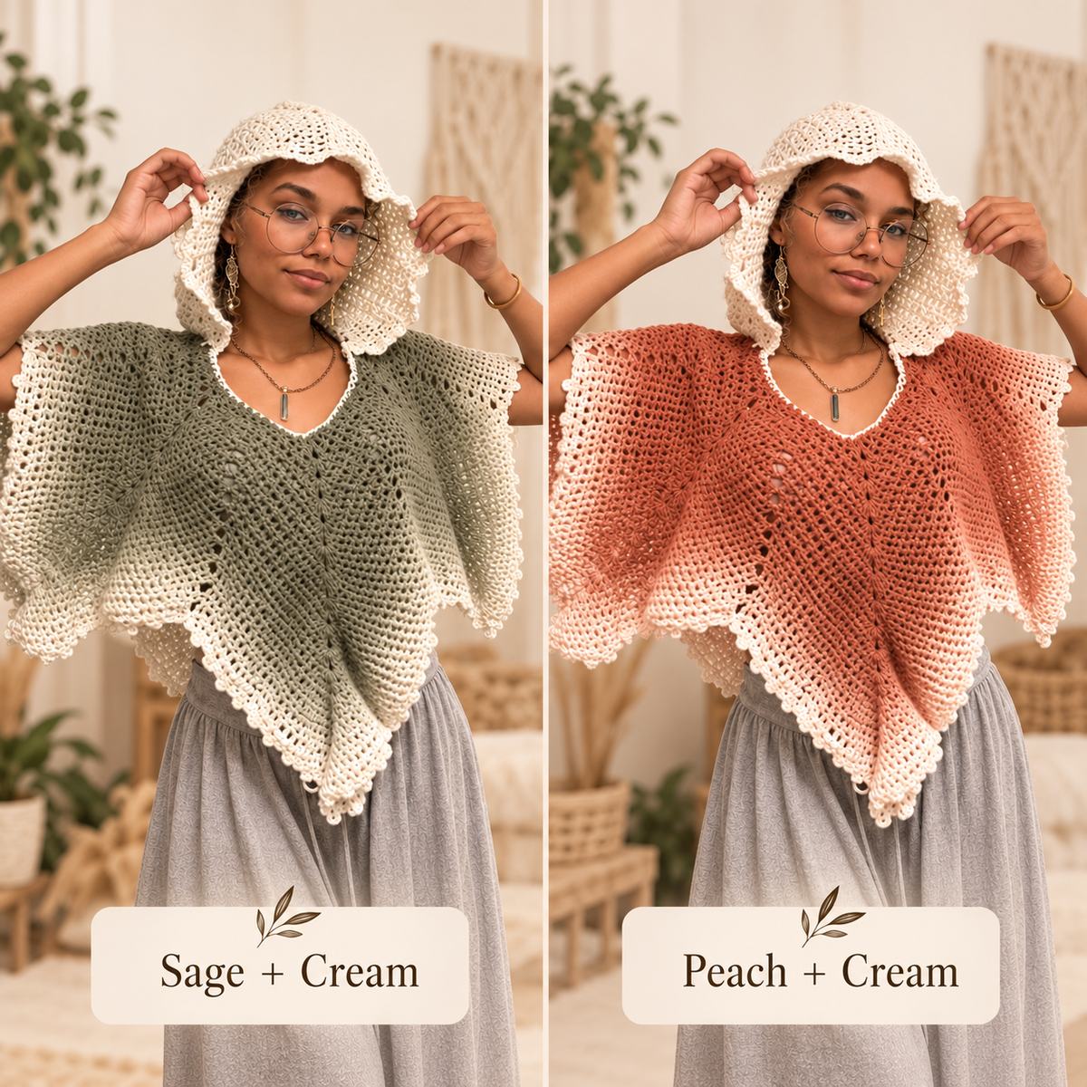 Crochet Leaf Poncho Pattern PDF – Hooded V-Neck Pointed Cape