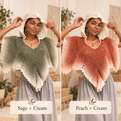 Crochet Leaf Poncho Pattern PDF – Hooded V-Neck Pointed Cape
