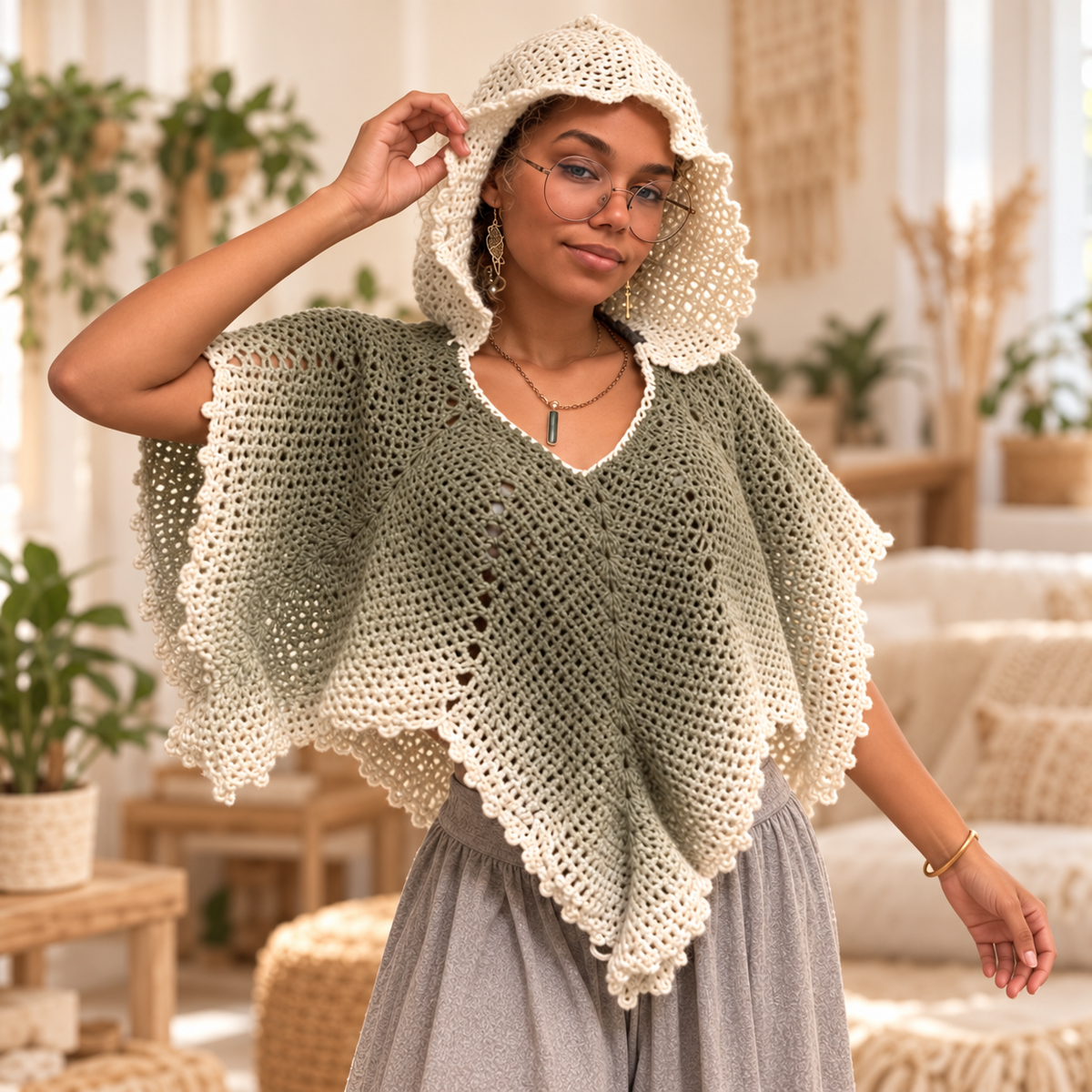 Crochet Leaf Poncho Pattern PDF – Hooded V-Neck Pointed Cape