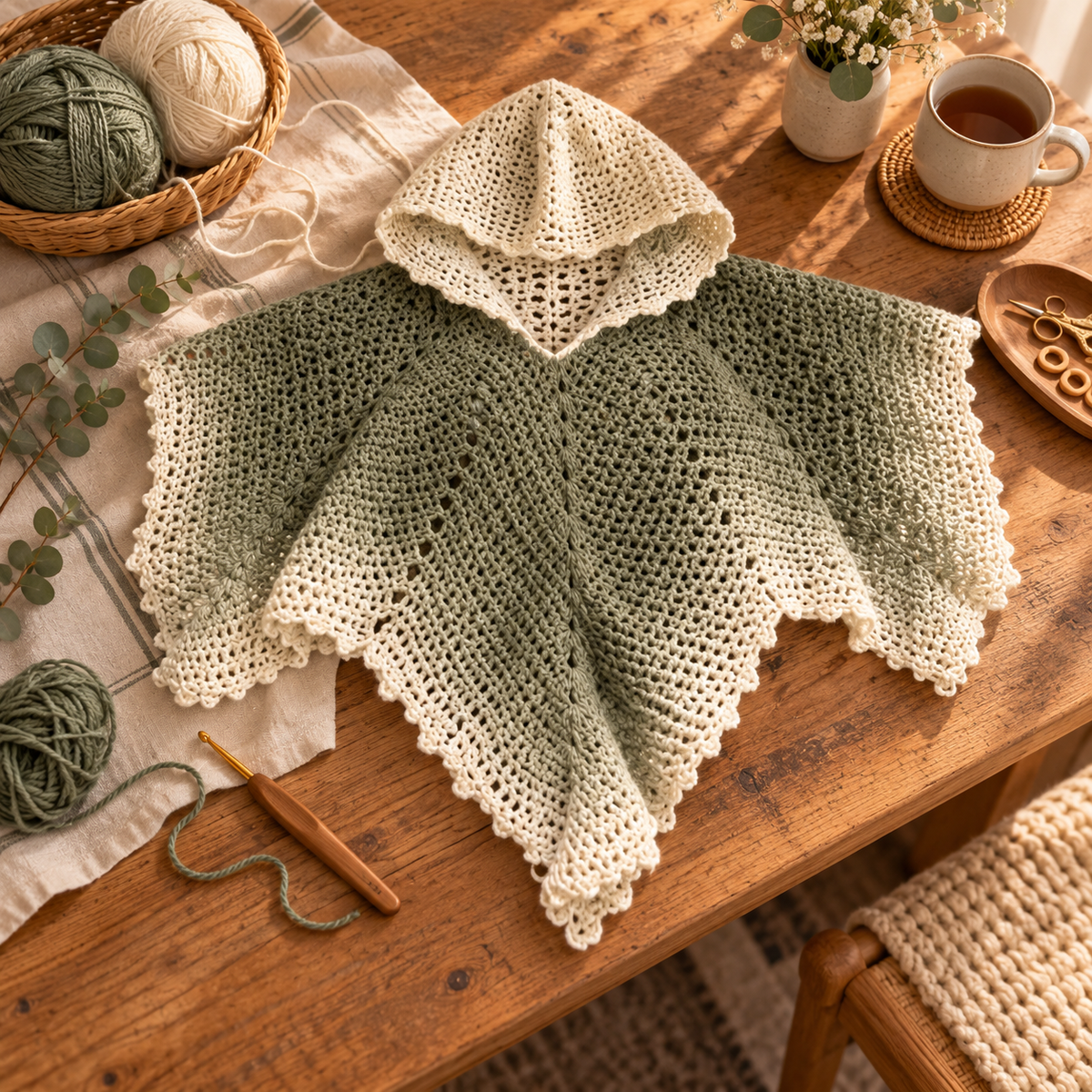 Crochet Leaf Poncho Pattern PDF – Hooded V-Neck Pointed Cape