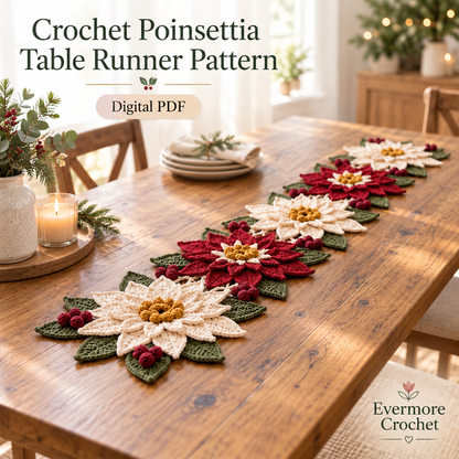 Poinsettia Table Runner Crochet Pattern PDF – Burgundy Ivory Christmas Centerpiece