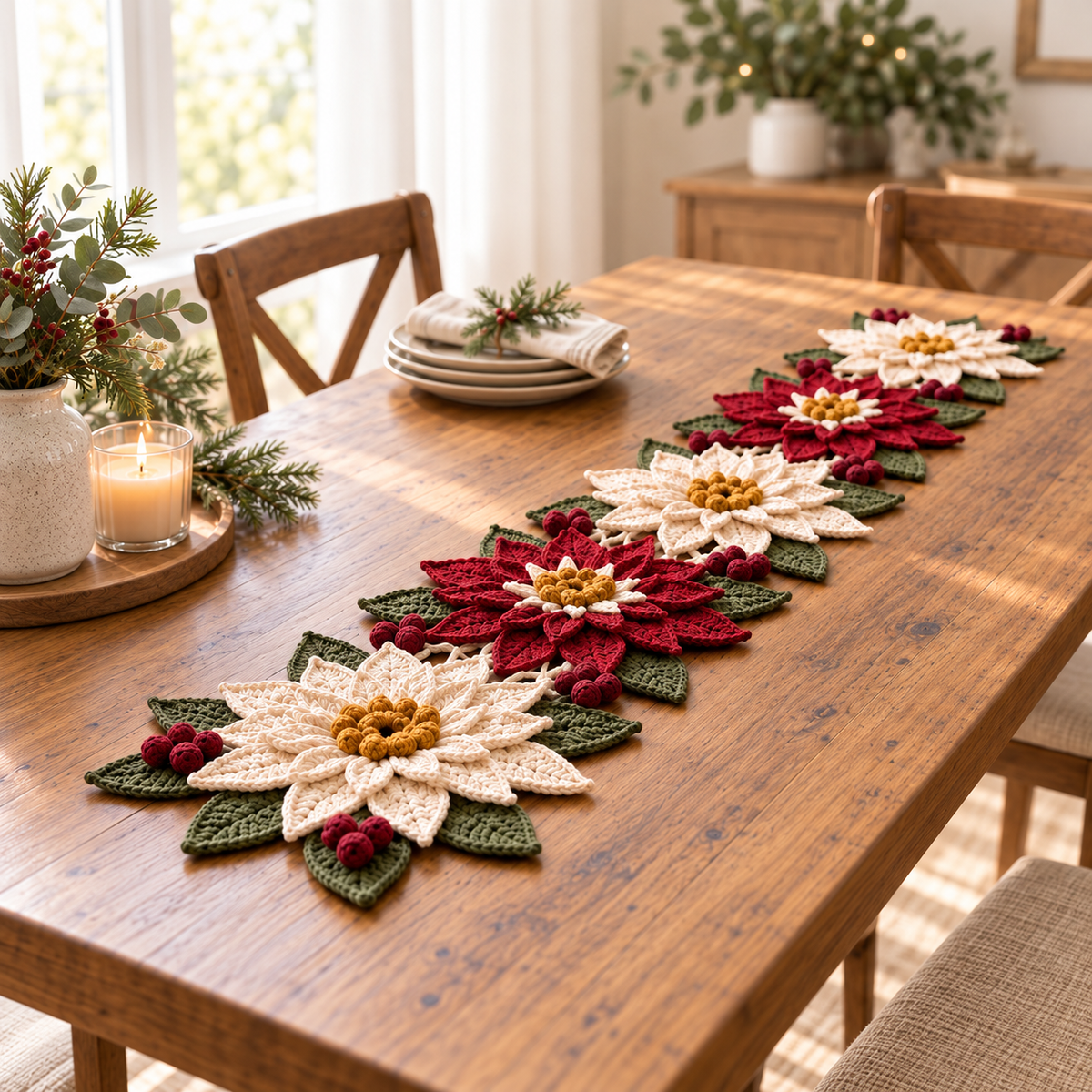 Poinsettia Table Runner Crochet Pattern PDF – Burgundy Ivory Christmas Centerpiece