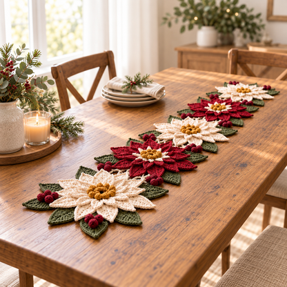 Poinsettia Table Runner Crochet Pattern PDF – Burgundy Ivory Christmas Centerpiece