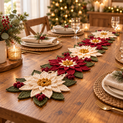 Poinsettia Table Runner Crochet Pattern PDF – Burgundy Ivory Christmas Centerpiece