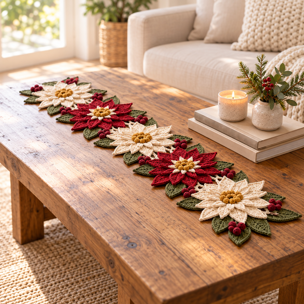 Poinsettia Table Runner Crochet Pattern PDF – Burgundy Ivory Christmas Centerpiece