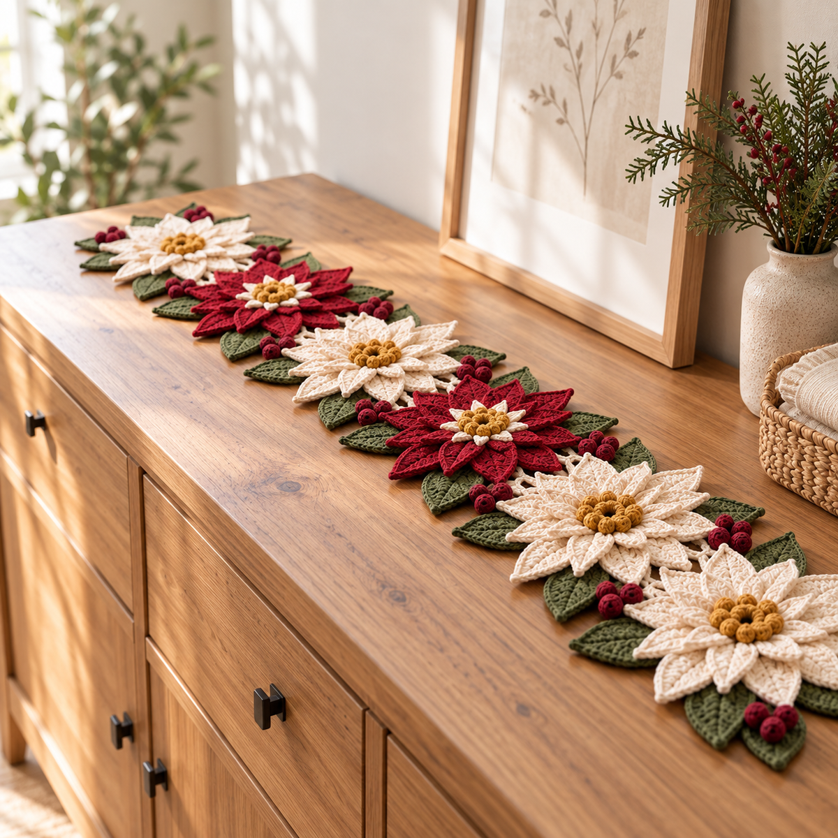 Poinsettia Table Runner Crochet Pattern PDF – Burgundy Ivory Christmas Centerpiece
