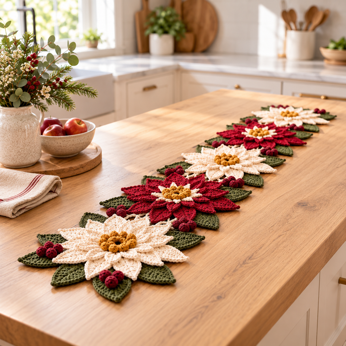 Poinsettia Table Runner Crochet Pattern PDF – Burgundy Ivory Christmas Centerpiece