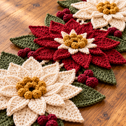 Poinsettia Table Runner Crochet Pattern PDF – Burgundy Ivory Christmas Centerpiece