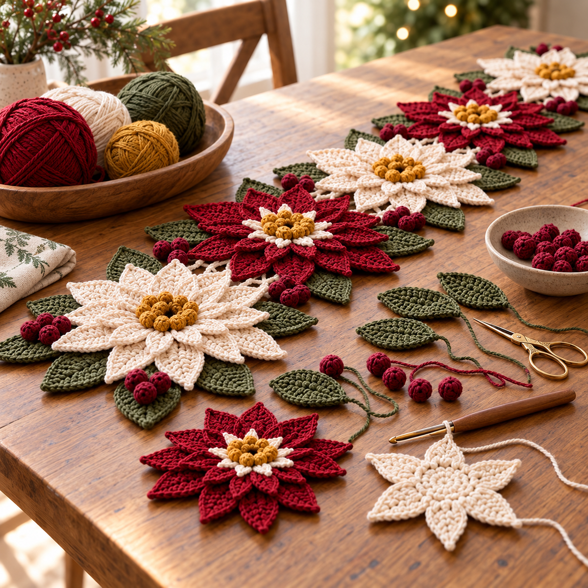 Poinsettia Table Runner Crochet Pattern PDF – Burgundy Ivory Christmas Centerpiece