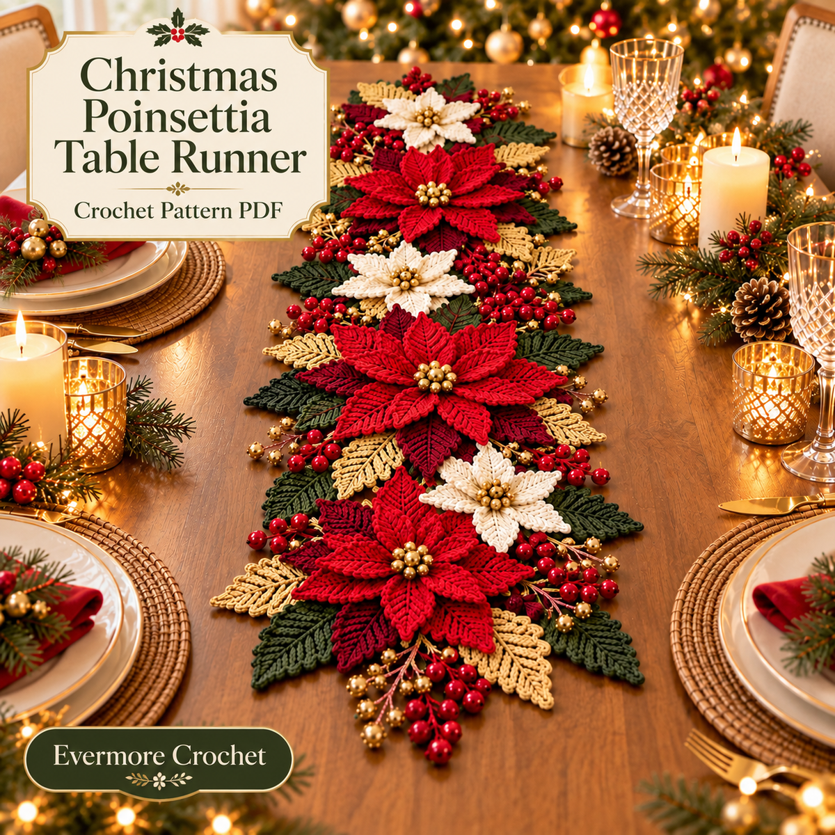 Crochet Poinsettia Table Runner Pattern PDF – Christmas Floral Centerpiece