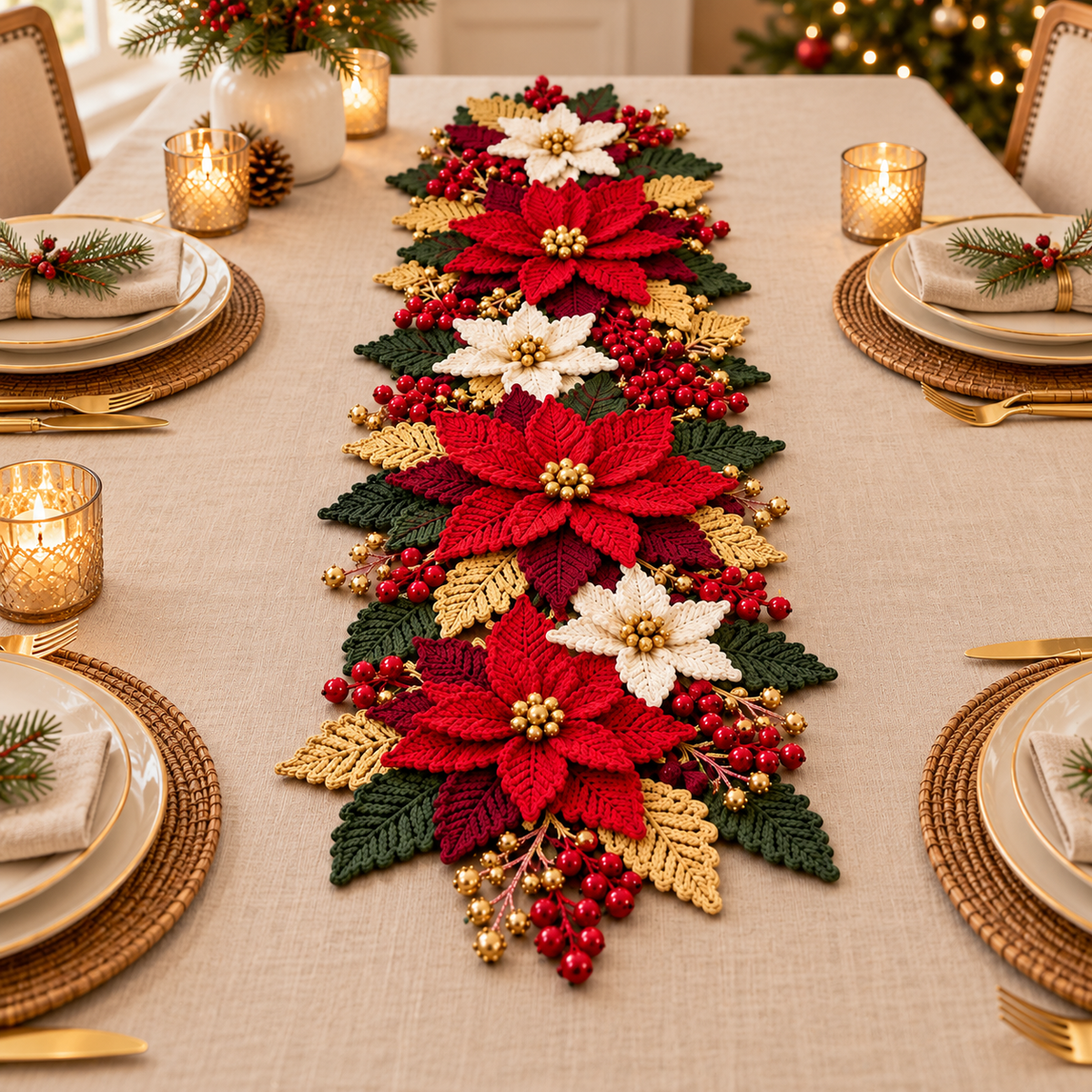 Crochet Poinsettia Table Runner Pattern PDF – Christmas Floral Centerpiece