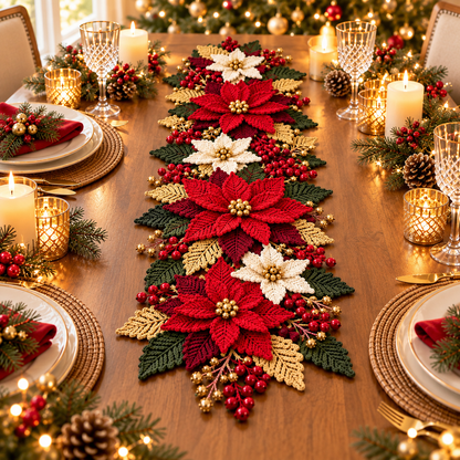Crochet Poinsettia Table Runner Pattern PDF – Christmas Floral Centerpiece