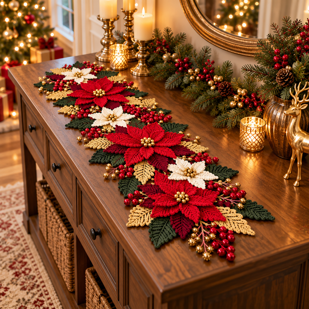 Crochet Poinsettia Table Runner Pattern PDF – Christmas Floral Centerpiece