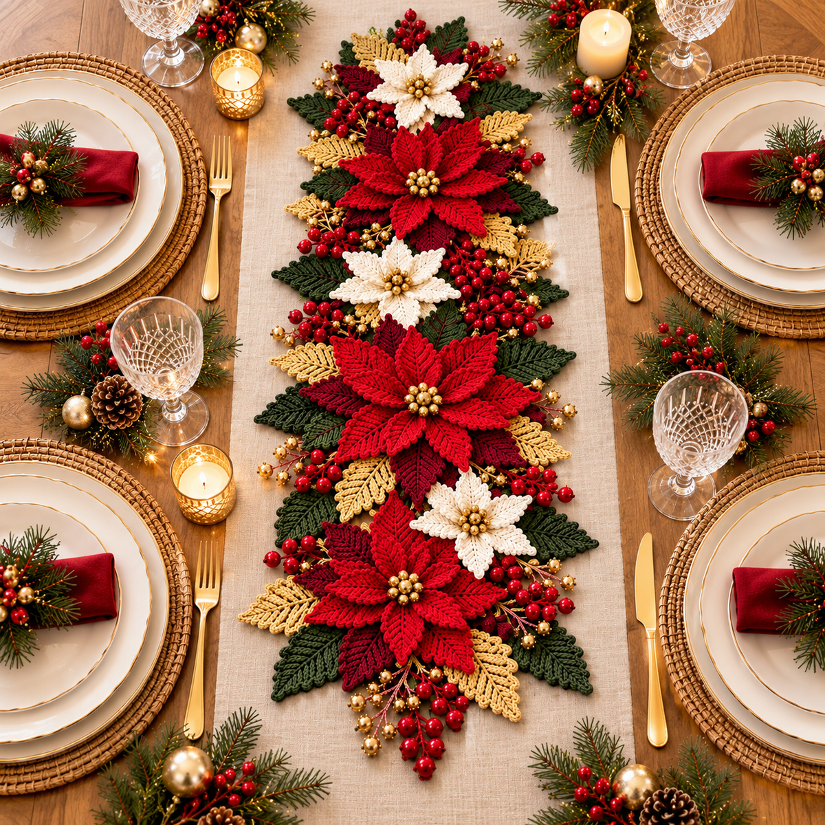 Crochet Poinsettia Table Runner Pattern PDF – Christmas Floral Centerpiece