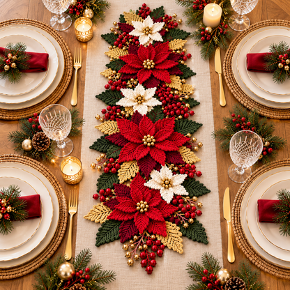 Crochet Poinsettia Table Runner Pattern PDF – Christmas Floral Centerpiece