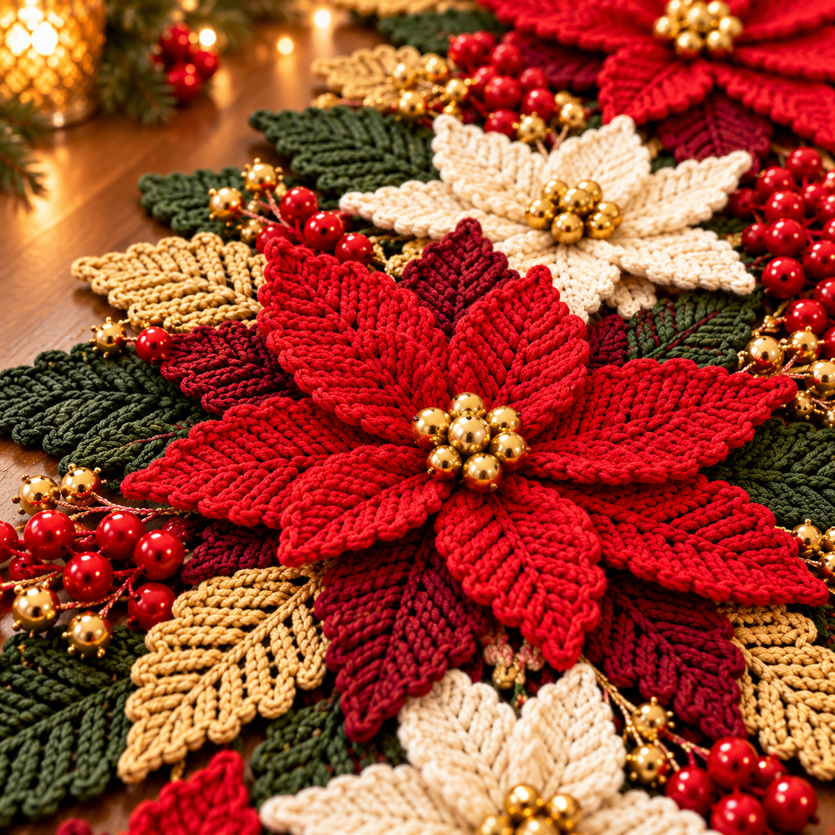 Crochet Poinsettia Table Runner Pattern PDF – Christmas Floral Centerpiece