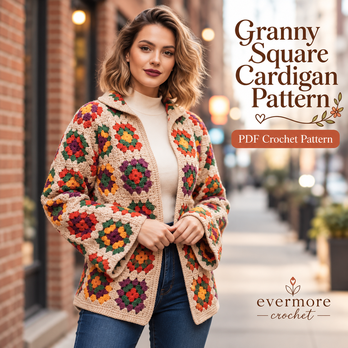 Granny Square Jacket Crochet Pattern PDF – Women’s Vintage Cardigan, 3 Sizes