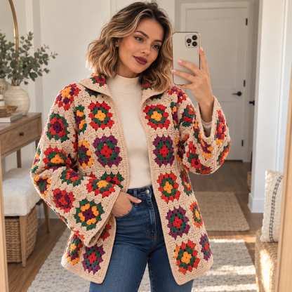 Granny Square Jacket Crochet Pattern PDF – Women’s Vintage Cardigan, 3 Sizes