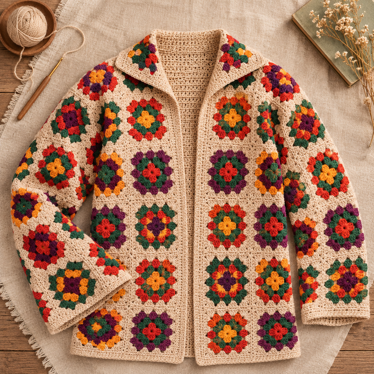 Granny Square Jacket Crochet Pattern PDF – Women’s Vintage Cardigan, 3 Sizes
