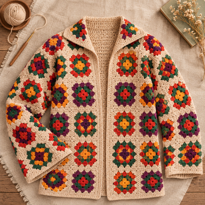 Granny Square Jacket Crochet Pattern PDF – Women’s Vintage Cardigan, 3 Sizes