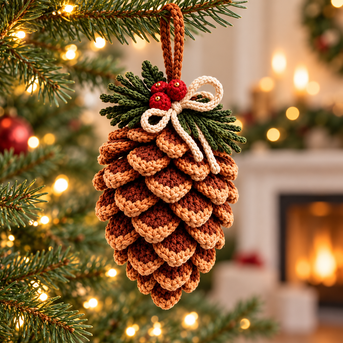 Crochet Pine Cone Ornament Pattern PDF – Rustic Woodland Christmas Decor