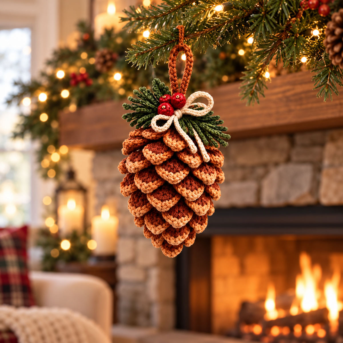 Crochet Pine Cone Ornament Pattern PDF – Rustic Woodland Christmas Decor