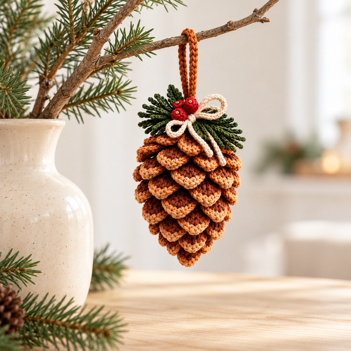 Crochet Pine Cone Ornament Pattern PDF – Rustic Woodland Christmas Decor