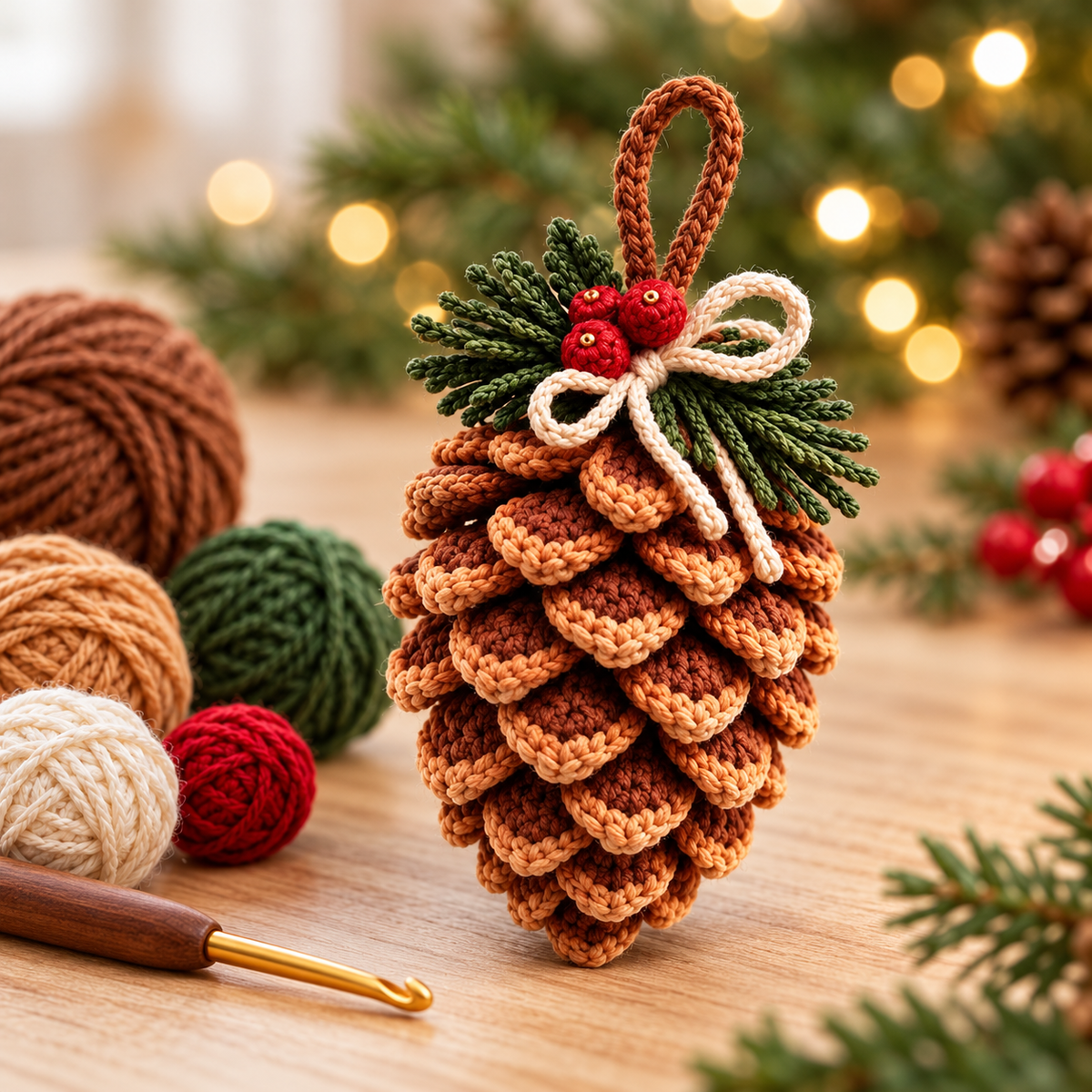 Crochet Pine Cone Ornament Pattern PDF – Rustic Woodland Christmas Decor
