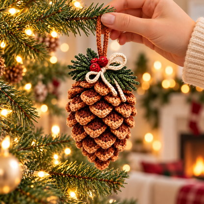 Crochet Pine Cone Ornament Pattern PDF – Rustic Woodland Christmas Decor
