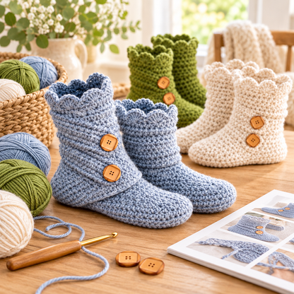 Women’s Crochet Slipper Boots Pattern PDF – House Shoes, US Sizes 5–12